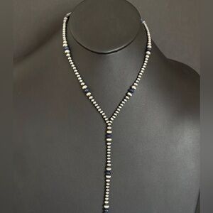 Sterling Silver Lapis W Pearls Bead Lariat Y Necklace. 26 inch